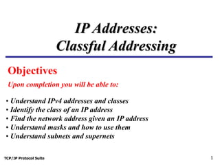 TCP/IP Protocol Suite 1
Objectives
Upon completion you will be able to:
IP Addresses:
Classful Addressing
• Understand IPv4 addresses and classes
• Identify the class of an IP address
• Find the network address given an IP address
• Understand masks and how to use them
• Understand subnets and supernets
 