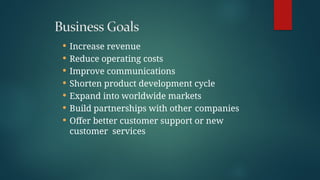  Increase revenue
 Reduce operating costs
 Improve communications
 Shorten product development cycle
 Expand into worldwide markets
 Build partnerships with other companies
 Offer better customer support or new
customer services
 