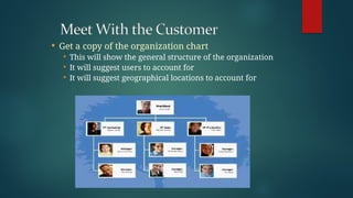  Get a copy of the organization chart
 This will show the general structure of the organization
 It will suggest users to account for
 It will suggest geographical locations to account for
 