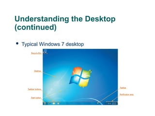Understanding the Desktop
(continued)
 Typical Windows 7 desktop
10
 