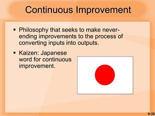 9-36
Continuous Improvement
 Philosophy that seeks to make never-
ending improvements to the process of
converting inputs into outputs.
 Kaizen: Japanese
word for continuous
improvement.
 
