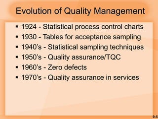 9-5
Evolution of Quality Management
 1924 - Statistical process control charts
 1930 - Tables for acceptance sampling
 1940’s - Statistical sampling techniques
 1950’s - Quality assurance/TQC
 1960’s - Zero defects
 1970’s - Quality assurance in services
 