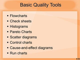 9-52
Basic Quality Tools
 Flowcharts
 Check sheets
 Histograms
 Pareto Charts
 Scatter diagrams
 Control charts
 Cause-and-effect diagrams
 Run charts
 