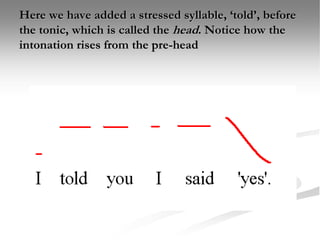 Here we have added a stressed syllable, ‘told’, before
the tonic, which is called the head. Notice how the
intonation rises from the pre-head
 