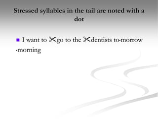 Stressed syllables in the tail are noted with a
dot
 I want to go to the dentists to•morrow
•morning
 