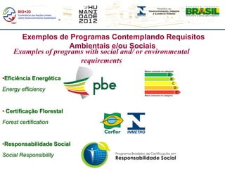 Exemplos de Programas Contemplando Requisitos
                     Ambientais e/ou Sociais
    Examples of programs with social and/ or environmental
                       requirements

•Eficiência Energética
Energy efficiency


• Certificação Florestal
Forest certification


•Responsabilidade Social
Social Responsibility
 