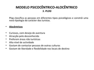 MODELO PSICOCÊNTRICO-ALOCÊNTRICO
S. PLOG
Plog classifica as pessoas em diferentes tipos psicológicos e constrói uma
nova tipologia do carácter dos turistas.
• Alocêntricos
• Curiosos, com desejo de aventura
• Atracção pelo desconhecido
• Preferem áreas não turísticas
• Alto nível de actividade
• Gostam de contactar pessoas de outras culturas
• Gostam de liberdade e flexibilidade nos locais de destino
 