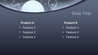 Slide Title
Product A
• Feature 1
• Feature 2
• Feature 3
Product B
• Feature 1
• Feature 2
• Feature 3
 