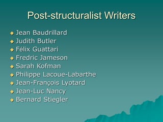 Post-structuralist Writers
 Jean Baudrillard
 Judith Butler
 Félix Guattari
 Fredric Jameson
 Sarah Kofman
 Philippe Lacoue-Labarthe
 Jean-François Lyotard
 Jean-Luc Nancy
 Bernard Stiegler
 