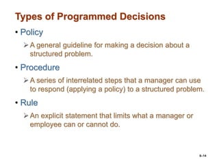 6–14
Types of Programmed Decisions
• Policy
A general guideline for making a decision about a
structured problem.
• Procedure
A series of interrelated steps that a manager can use
to respond (applying a policy) to a structured problem.
• Rule
An explicit statement that limits what a manager or
employee can or cannot do.
 