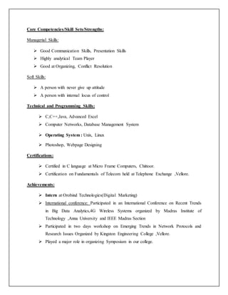 Core Competencies/Skill Sets/Strengths:
Managerial Skills:
 Good Communication Skills, Presentation Skills
 Highly analytical Team Player
 Good at Organizing, Conflict Resolution
Soft Skills:
 A person with never give up attitude
 A person with internal locus of control
Technical and Programming Skills:
 C,C++,Java, Advanced Excel
 Computer Networks, Database Management System
 Operating System : Unix, Linux
 Photoshop, Webpage Designing
Certifications:
 Certified in C language at Micro Frame Computers, Chittoor.
 Certification on Fundamentals of Telecom held at Telephone Exchange ,Vellore.
Achievements:
 Intern at Orobind Technologies(Digital Marketing)
 International conference: Participated in an International Conference on Recent Trends
in Big Data Analytics,4G Wireless Systems organized by Madras Institute of
Technology ,Anna University and IEEE Madras Section
 Participated in two days workshop on Emerging Trends in Network Protocols and
Research Issues Organized by Kingston Engineering College ,Vellore.
 Played a major role in organizing Symposium in our college.
 