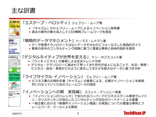 TechVisor.JP
主な訳書
16/07/11 3
「ライフサイクル イノベーション」 ジェフリー・ムーア著
• ビジネス書の古典的名著「キャズム」の著者による、企業がイノベーションを継続
的に行なっていくためのフレームワークの提言
「イ...