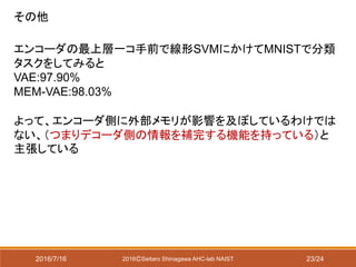 2016/7/16 2016ⒸSeitaro Shinagawa AHC-lab NAIST
その他
エンコーダの最上層一コ手前で線形SVMにかけてMNISTで分類
タスクをしてみると
VAE:97.90%
MEM-VAE:98.03%
よって、エンコーダ側に外部メモリが影響を及ぼしているわけでは
ない、（つまりデコーダ側の情報を補完する機能を持っている）と
主張している
23/24
 