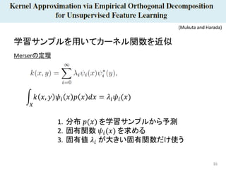 16
学習サンプルを用いてカーネル関数を近似
Merserの定理
�
𝑋𝑋
𝑘𝑘 𝑥𝑥, 𝑦𝑦 𝜓𝜓𝑖𝑖 𝑥𝑥 𝑝𝑝 𝑥𝑥 𝑑𝑑𝑑𝑑 = 𝜆𝜆𝑖𝑖 𝜓𝜓𝑖𝑖(𝑥𝑥)
1. 分布 𝑝𝑝(𝑥𝑥) を学習サンプルから予測
2. 固有関数 𝜓𝜓𝑖𝑖(𝑥𝑥) を求める
3. 固有値 𝜆𝜆𝑖𝑖 が大きい固有関数だけ使う
(Mukuta and Harada)
 