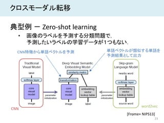 23
クロスモーダル転移
典型例 － Zero-shot learning
• 画像のラベルを予測する分類問題で，
予測したいラベルの学習データが１つもない．
[Frome+ NIPS13]
word2vec
CNN
CNN特徴から単語ベクトルを予測 単語ベクトルが類似する単語を
予測結果として出力
 