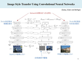35
(Gatys, Ecker and Bethge)
白色雑音で駆動
Styleだけ転移したい 中身だけ転移したい
Networkは実はどっちも同じ
フィルタ応答を
そのまま使う
フィルタ応答の
相関を使う
 