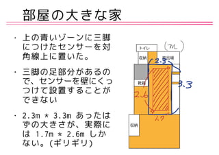 部屋の大きな家
• 上の青いゾーンに三脚
につけたセンサーを対
角線上に置いた。
• 三脚の足部分があるの
で、センサーを壁にくっ
つけて設置することが
できない
• 2.3m * 3.3m あったは
ずの大きさが、実際に
は 1.7m * 2.6m しか
ない。(ギリギリ)
 