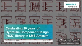 Celebrating 20 years of
Hydraulic Component Design
(HCD) library in LMS Amesim
Realize innovation.Unrestricted © Siemens AG 2016
LMS Imagine.Lab Amesim™
A world leading platform for physical
simulation of mechatronic systems
 