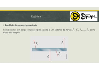 Estática
 Equilíbrio do corpo extenso rígido
Consideremos um corpo extenso rígido sujeito a um sistema de forças , , , …, , como
mostrado a seguir.
 