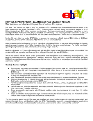EBAY INC. REPORTS FOURTH QUARTER AND FULL YEAR 2007 RESULTS
Major businesses and robust growth in newer lines of business drive revenue

San Jose, Calif, January 23, 2008 — eBay Inc. (Nasdaq: EBAY; www.ebay.com) today reported financial results for its
fourth quarter and year ended December 31, 2007. The ecommerce company posted fourth quarter revenue of $2.18
billion, representing a $461 million year-over-year increase. Revenue grew across all businesses highlighted by more
robust growth from PayPal, StubHub, Skype, classifieds and advertising. The company recorded net income on a GAAP
basis of $531 million or $0.39 per diluted share, and non-GAAP net income of $611 million or $0.45 per diluted share.

For the full year, eBay Inc. posted $7.67 billion in revenue, net income on a GAAP basis of $348 million or $0.25 per
diluted share, and non-GAAP net income of $2.11 billion or $1.53 per diluted share.

GAAP operating margin increased to 28.7% for the quarter, compared to 26.2% for the same period last year. Non-GAAP
operating margin increased to 34.6% for the quarter, from 33.4% for the same period last year. For the full year GAAP
operating margin came in at 8.0%, with non-GAAP operating margin at 33.1%.

eBay Inc. generated $793 million of operating cash flow and $665 million of free cash flow during the fourth quarter. The
company’s full year operating cash flow was $2.64 billion and free cash flow was $2.19 billion.

“We’re very pleased with the results for the quarter which were strengthened by a solid holiday shopping season,” said
eBay Inc. President and CEO, Meg Whitman. “We had a remarkably strong year from a financial perspective. We enter
2008 with our most diverse portfolio of ecommerce offerings ever -- positioning us to drive long-term growth in the global
ecommerce market.”

Quarterly Business Highlights

    •   The company purchased approximately 9.2 million shares of its common stock at a cost of approximately $312
        million (For the full year, the company repurchased 44.6 million shares of its common stock for approximately
        $1.5 billion).
    •   eBay announced a cross border trade agreement with Yahoo! Japan to provide Japanese consumers with access
        to eBay.com through the site Seikamon.com.
    •   eBay completed the acquisition of Afterbuy to extend service and support for professional sellers in Germany.
    •   StubHub completed its 10 millionth ticket sale and announced a promotional agreement with ESPN to make
        StubHub the exclusive tickets provider on ESPN.com.
    •   PayPal signed top merchant service account deals with U.S. Airways, AirTran, drugstore.com and Shop NBC
        among others.
    •   PayPal hired four seasoned executives with deep consumer, technology and international experience to help
        drive the company’s ongoing expansion.
    •   Skype announced a partnership with MySpace enabling voice communications for more than 110 million
        MySpace users.
    •   Skype launched the 3 Skypephone in eight countries including the United Kingdom, Italy and Australia to enable
        users to make Skype-to-Skype calls and chats on mobile phones.

“Our fourth quarter results capped off a great year for eBay, with strong top-line growth, stronger bottom-line growth, and
excellent free cash flows,” said Bob Swan, eBay Inc. CFO. “We closed the year with a very strong balance sheet, giving
us the financial flexibility to invest across all of our business units in order to extend our leadership positions.”
 