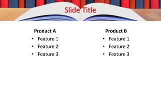 Slide Title
Product A
• Feature 1
• Feature 2
• Feature 3
Product B
• Feature 1
• Feature 2
• Feature 3