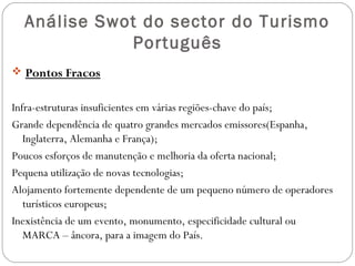Análise Swot do sector do Turismo
Português
 Pontos Fracos
Infra-estruturas insuficientes em várias regiões-chave do país;
Grande dependência de quatro grandes mercados emissores(Espanha,
Inglaterra, Alemanha e França);
Poucos esforços de manutenção e melhoria da oferta nacional;
Pequena utilização de novas tecnologias;
Alojamento fortemente dependente de um pequeno número de operadores
turísticos europeus;
Inexistência de um evento, monumento, especificidade cultural ou
MARCA – âncora, para a imagem do País.
 