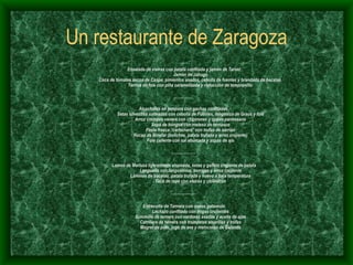 Un restaurante de Zaragoza Ensalada de vieiras con patata confitada y jamón de Teruel Jamón de Jabugo Coca de tomates secos de Caspe, pimientos asados, cebolla de fuentes y brandada de bacalao  Terrina de foie con piña caramelizada y reducción de tempranillo  ................. Alcachofas en tempura con gachas confitadas  Setas silvestres salteadas con cebolla de Fuentes, longaniza de Graus y foie Arroz cremoso venere con chipirones y queso parmesano Sopa de hongos con meloso de ternasco Pasta fresca “carbonara” con trufas de sarrión Recao de Binefar (boliches, patata trufada y arroz crujiente) Foie caliente con sal ahumada y sopas de ajo ..................... Lomos de Merluza ligeramente ahumada, setas y galleta crujiente de patata Lenguado con langostinos, borrajas y arroz crujiente Láminas de bacalao, patata trufada y huevo a baja temperatura Taco de rape con vieiras y chilindrón ...................... Entrecotte de Ternera con queso patamulo Lechazo confitado con migas crujientes Solomillo de ternera con verduras asadas y aceite de ajos Carrillera de ternera con trompetas amarillas y trufas Magret de pato, jugo de ave y melocotón de Calanda 