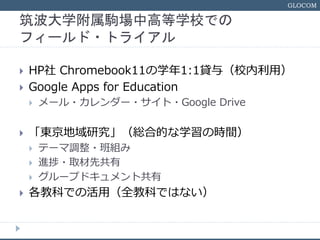 GLOCOM
иһ؞УǤΥե`?ȥ饤
? HP Chromebook11
ѧ128̨ 1:1J루Уã
2016/4~9趨
? Google Apps for Education
? `?`??Google Drive
? tϵĤѧΕrgо
? Ʃ`{?M
? M?ȡȹ
? `ץɥȹФȰk
? ̿ƤǤλãȫ̿ƤǤϤʤ
 