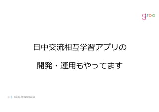Groo Inc. All Rights Reserved1313 Groo Inc. All Rights Reserved
⽇中交流相互学習アプリの
開発・運⽤もやってます
 