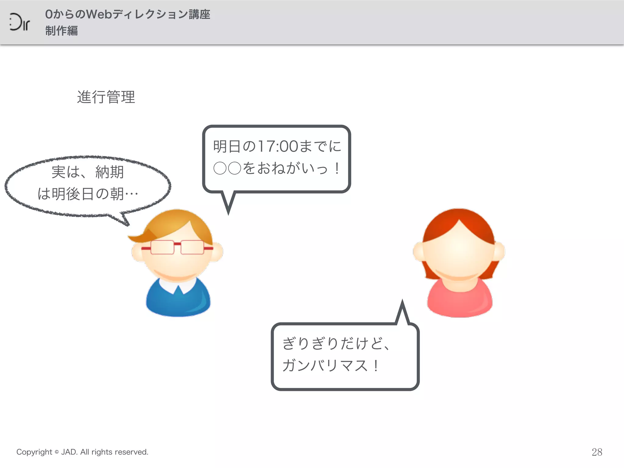 Copyright © JAD. All rights reserved.
0からのWebディレクション講座
制作編
進行管理
実は、納期
は明後日の朝…
明日の17:00までに
○○をおねがいっ！
ぎりぎりだけど、
ガンバリマス！
28Copyright © JAD. All rights reserved.
 