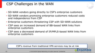 © 2016 ADVA Optical Networking. All rights reserved. Confidential.13
CSP Challenges in the WAN
• SD-WAN vendors going directly to CSP’s enterprise customers
• SD-WAN vendors promising enterprise customers reduced costs
and independence from CSP
• Enterprise customers threatening CSP with SD-WAN solutions
• CSP sees an increased demand of BB-based WAN links from
enterprise customers
• CSP sees a decreased demand of IP/MPLS-based WAN links from
enterprise customers
CSP’s revenue from traditional VPN services may be at risk
 