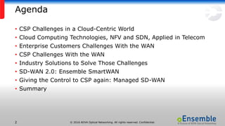 © 2016 ADVA Optical Networking. All rights reserved. Confidential.2
Agenda
• CSP Challenges in a Cloud-Centric World
• Cloud Computing Technologies, NFV and SDN, Applied in Telecom
• Enterprise Customers Challenges With the WAN
• CSP Challenges With the WAN
• Industry Solutions to Solve Those Challenges
• SD-WAN 2.0: Ensemble SmartWAN
• Giving the Control to CSP again: Managed SD-WAN
• Summary
 