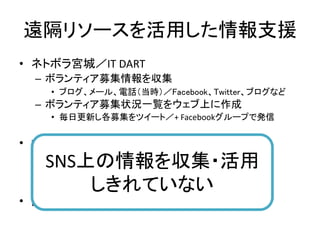 遠隔リソースを活用した情報支援
• ネトボラ宮城／IT DART
– ボランティア募集情報を収集
• ブログ、メール、電話（当時）／Facebook、Twitter、ブログなど
– ボランティア募集状況一覧をウェブ上に作成
• 毎日更新し各募集をツイート／+ Facebookグループで発信
• ボランティアインフォ
– ボランティア募集情報のDBを構築
– 情報ポータル等に API での接続をサービス
• 『遠隔情報処理センター』として機能
SNS上の情報を収集・活用
しきれていない
 