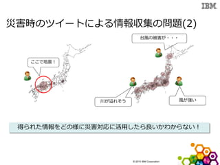 © 2015 IBM Corporation
災害時のツイートによる情報収集の問題(2)
ここで地震！
台風の被害が・・・
風が強い川が溢れそう
得られた情報をどの様に災害対応に活用したら良いかわからない！
 