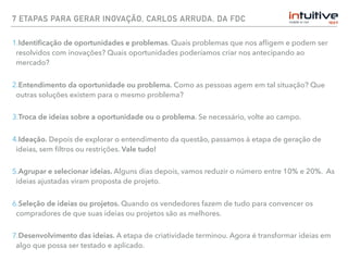 7 ETAPAS PARA GERAR INOVAÇÃO, CARLOS ARRUDA, DA FDC
1.Identiﬁcação de oportunidades e problemas. Quais problemas que nos aﬂigem e podem ser
resolvidos com inovações? Quais oportunidades poderíamos criar nos antecipando ao
mercado?
2.Entendimento da oportunidade ou problema. Como as pessoas agem em tal situação? Que
outras soluções existem para o mesmo problema?
3.Troca de ideias sobre a oportunidade ou o problema. Se necessário, volte ao campo.
4.Ideação. Depois de explorar o entendimento da questão, passamos à etapa de geração de
ideias, sem ﬁltros ou restrições. Vale tudo!
5.Agrupar e selecionar ideias. Alguns dias depois, vamos reduzir o número entre 10% e 20%. As
ideias ajustadas viram proposta de projeto.
6.Seleção de ideias ou projetos. Quando os vendedores fazem de tudo para convencer os
compradores de que suas ideias ou projetos são as melhores.
7.Desenvolvimento das ideias. A etapa de criatividade terminou. Agora é transformar ideias em
algo que possa ser testado e aplicado.
 