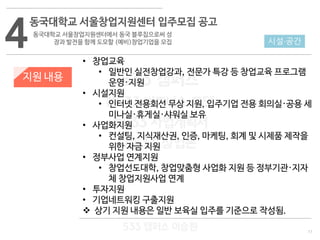 11
533 캠퍼스
#533 비즈니스 모델
#533 사업계획서
#533 창업론
533 캠퍼스 이승원
4
동국대학교 서울창업지원센터 입주모집 공고
동국대학교 서울창업지원센터에서 동국 블루칩으로써 성
장과 발전을 함께 도모할 (예비)창업기업을 모집
지원 내용
• 창업교육
• 일반인 실전창업강과, 전문가 특강 등 창업교육 프로그램
운영·지원
• 시설지원
• 인터넷 전용회선 무상 지원, 입주기업 전용 회의실·공용 세
미나실·휴게실·샤워실 보유
• 사업화지원
• 컨설팅, 지식재산권, 인증, 마케팅, 회계 및 시제품 제작을
위한 자금 지원
• 정부사업 연계지원
• 창업선도대학, 창업맞춤형 사업화 지원 등 정부기관·지자
체 창업지원사업 연계
• 투자지원
• 기업네트워킹 구출지원
 상기 지원 내용은 일반 보육실 입주를 기준으로 작성됨.
시설·공간
 