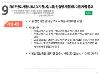 25
533 캠퍼스
#533 비즈니스 모델
#533 사업계획서
#533 창업론
533 캠퍼스 이승원
9
2016년도서울시R&D지원사업시장진출형제품제작지원사업공고
1차 개발이 완료된 제품의 완성도, 상용화 가능성 등을 높
이기 위해 시연 가능한 시제품 제작을 지원하여 시장
진출 역량 강화 도모
지원 내용
• 기술 창업기업을 대상으로 시제품 제작비용 지원
• 우대사항
• 서울시 또는 서울시 산하기관이 투자한 기업인 경우
• 서울시 또는 서울시 산하기관의 시제품 개발 관련 사업 완료 기업인
경우
• 과제책임자가 여성인 경우 또는 여성 CEO 기업이 주관기관인 경우
• 서울시 산학연 협력사업에서 최근 3년 이내 ‘우수’로 평가받은 과
제책임자가 신청자인 경우
• 서울산업진흥원(온라인 접수), ~09.30(전산), ~10.03(서류)
R&D
 