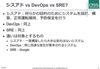 シスアド vs DevOps vs SRE?
l シスアド：何らかの⽬的のためにシステムを設計、構
築、正常運転維持、予防保全を⾏う
l DevOps：同上
l SRE：同上
l 違いは対象とするもの
l シスアド：⼀度構築したら⼤きな変化はないシステム
l DevOps：常に迅速な変化が要求されるシステム
l SRE：Google
2016/9/1 Copyright 2016(C) OSS Laboratories Inc. All Rights Reserved 21
 