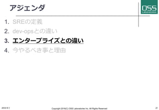 アジェンダ
1. SREの定義
2. dev-opsとの違い
3. エンタープライズとの違い
4. 今やるべき事と理由
2016/9/1 Copyright 2016(C) OSS Laboratories Inc. All Rights Reserved 22
 