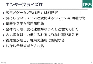 エンタープライズIT
l 広告／ゲーム／Web系とは別世界
l 変化しないシステムと変化するシステムの両極分化
l 情報システム部⾨無⽤論
l 全体的にも、変化速度がゆっくりと増えて⾏く
l 古い酒を新しい器に⼊れるような仕事が増える
l 複雑さが増し、従来の運⽤は破綻する
l しかし予算は減らされる
2016/9/1 Copyright 2016(C) OSS Laboratories Inc. All Rights Reserved 27
 