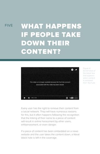 WHAT HAPPENS
IF PEOPLE TAKE
DOWN THEIR
CONTENT?
Every user has the right to remove their content from
a social network. They will have numerous reasons
for this, but it often happens following the recognition
that the linking of their name to a piece of content
will result in online harassment by other users,
embarrassment, or even danger.
If a piece of content has been embedded on a news
website and the user takes the content down, a literal
black hole is left in the coverage.
FIVE
Figure 4:
Screenshot of
the black box
that appears
when content
is removed
from YouTube.
 