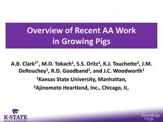 Overview of Recent AA Work
in Growing Pigs
A.B. Clark1*, M.D. Tokach1, S.S. Dritz1, K.J. Touchette2, J.M.
DeRouchey1, R.D. Goodband1, and J.C. Woodworth1
1Kansas State University, Manhattan,
2Ajinomoto Heartland, Inc., Chicago, IL.
 