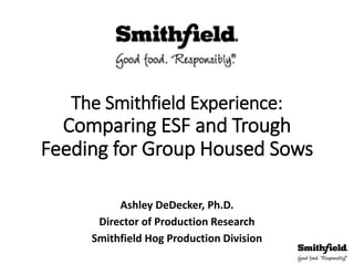 The Smithfield Experience:
Comparing ESF and Trough
Feeding for Group Housed Sows
Ashley DeDecker, Ph.D.
Director of Production Research
Smithfield Hog Production Division
 