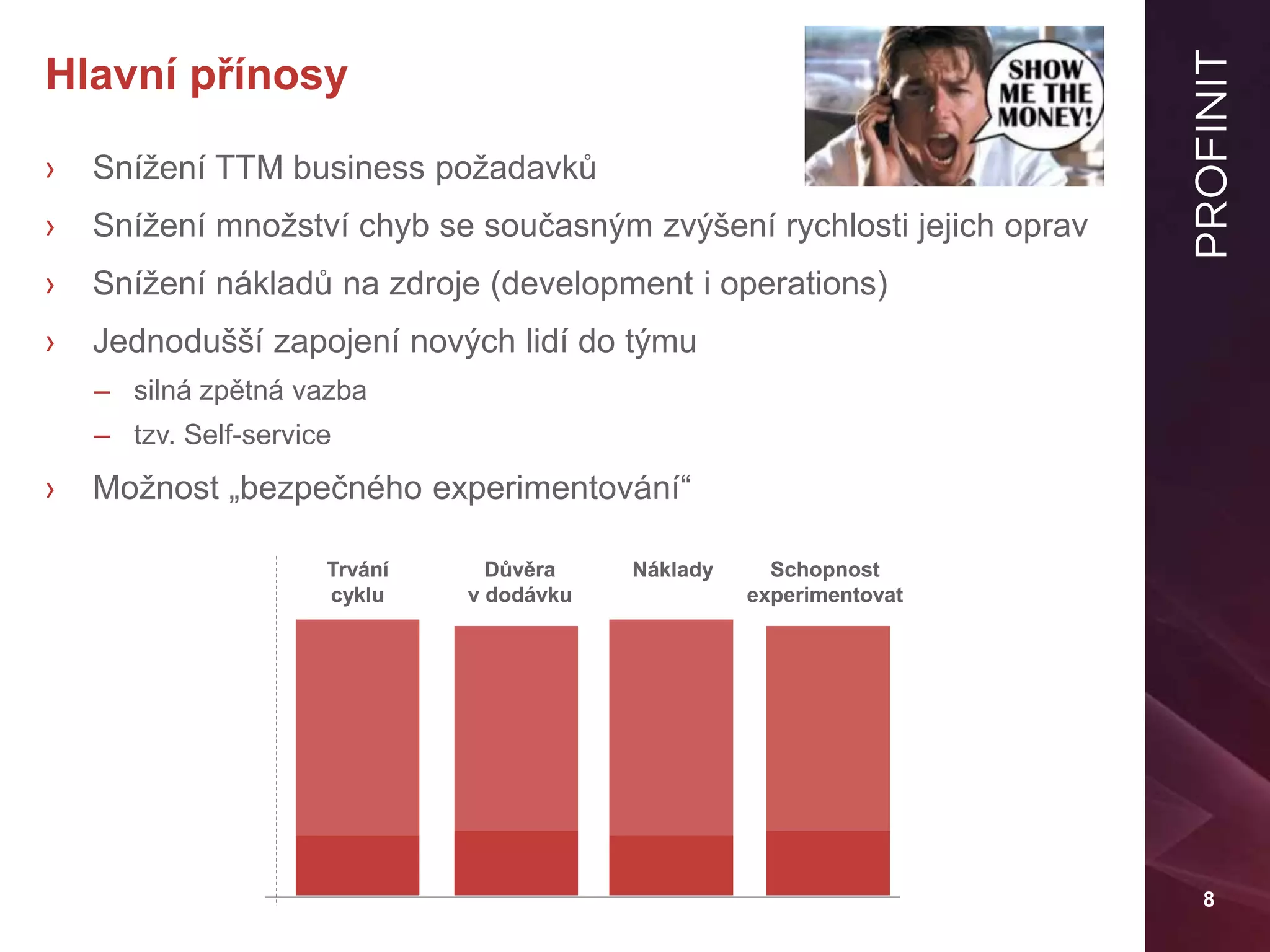 8
Hlavní přínosy
› Snížení TTM business požadavků
› Snížení množství chyb se současným zvýšení rychlosti jejich oprav
› Snížení nákladů na zdroje (development i operations)
› Jednodušší zapojení nových lidí do týmu
– silná zpětná vazba
– tzv. Self-service
› Možnost „bezpečného experimentování“
Trvání
cyklu
Důvěra
v dodávku
Náklady Schopnost
experimentovat
Trvání
cyklu
Důvěra
v dodávku
Náklady Schopnost
experimentovat
 