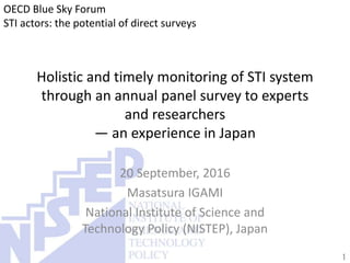 Holistic and timely monitoring of STI system
through an annual panel survey to experts
and researchers
— an experience in Japan
20 September, 2016
Masatsura IGAMI
National Institute of Science and
Technology Policy (NISTEP), Japan
OECD Blue Sky Forum
STI actors: the potential of direct surveys
1
 