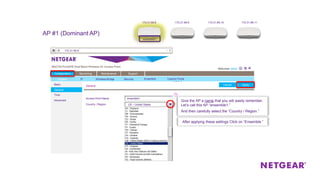 Configuration Monitoring Maintenance Support
System Dashboard Wireless Stations Rogue AP Logs Statistics
Packet
Capture
Ensemble
General
Access Point Name
Country / Region
ApplyCancelBasic
General
Time
Advanced
Configuration Monitoring Maintenance Support
System IP Wireless Bridge Security Ensemble Captive Portal
?
ensemble1
ApplyCancel
172.31.99.8
AP #1 (Dominant AP)
Give the AP a name that you will easily remember.
Let’s call this AP “ensemble1.”
And then carefully select the “Country / Region.”
US – United States
After applying these settings Click on “Ensemble.”
172.31.99.8 172.31.99.9 172.31.99.10 172.31.99.11
ensemble1
 