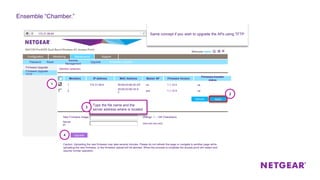 Configuration
Firmware Upgrade
Monitoring Maintenance Support
Member selection
Firmware Upgrade
TFTP
172.31.99.60
Password Reset
Remote
Management
Upgrade Ensemble Upgrade
ApplyRefresh
Members
1
2
IP Address
172.31.99.9
New Firmware Image:
Master AP
no
yes
Firmware Version
1.1.10.4
1.1.10.4
Firmware-transfer
status
up
up
MAC Address
50:6A:03:80:5C:EF
50:6A:03:80:34:A
F
Upgrade
Caution: Uploading the new firmware may take several minutes. Please do not refresh the page or navigate to another page while
uploading the new firmware, or the firmware upload will be aborted. When the process is complete the access point will restart and
resume normal operation.
Server
IP:
(Range: 1 – 128 Characters)
(xxx.xxx.xxx.xxx)
Ensemble “Chamber.”
Same concept if you wish to upgrade the APs using TFTP
1
2
4
Type the file name and the
server address where is located.
3
 