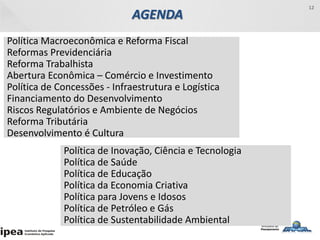 12
Política Macroeconômica e Reforma Fiscal
Reformas Previdenciária
Reforma Trabalhista
Abertura Econômica – Comércio e Investimento
Política de Concessões - Infraestrutura e Logística
Financiamento do Desenvolvimento
Riscos Regulatórios e Ambiente de Negócios
Reforma Tributária
Desenvolvimento é Cultura
AGENDA
Política de Inovação, Ciência e Tecnologia
Política de Saúde
Política de Educação
Política da Economia Criativa
Política para Jovens e Idosos
Política de Petróleo e Gás
Política de Sustentabilidade Ambiental
 