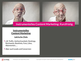 Instrumentelles
Content Marketing
taktische Ziele
 z.B. Traffic, Aufmerksamkeit, Rankings,
Reichweite, Backlinks, Fans, Likes,
Abonnenten, …
 Aber auch Leads und Conversion
Instrumentelles Content Marketing: Kurzfristig
Mittwoch, 28. September 2016 copyright Scompler GmbH (alle Rechte vorbehalten)
 