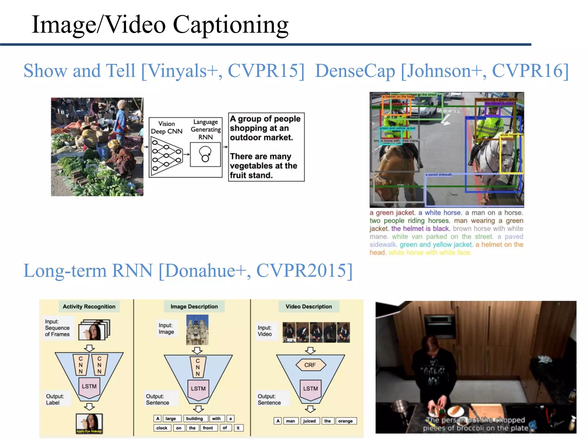 Image/Video Captioning
•  Show and Tell [Vinyals+, CVPR15] DenseCap [Johnson+, CVPR16]
•  Long-term RNN [Donahue+, CVPR2015]
 